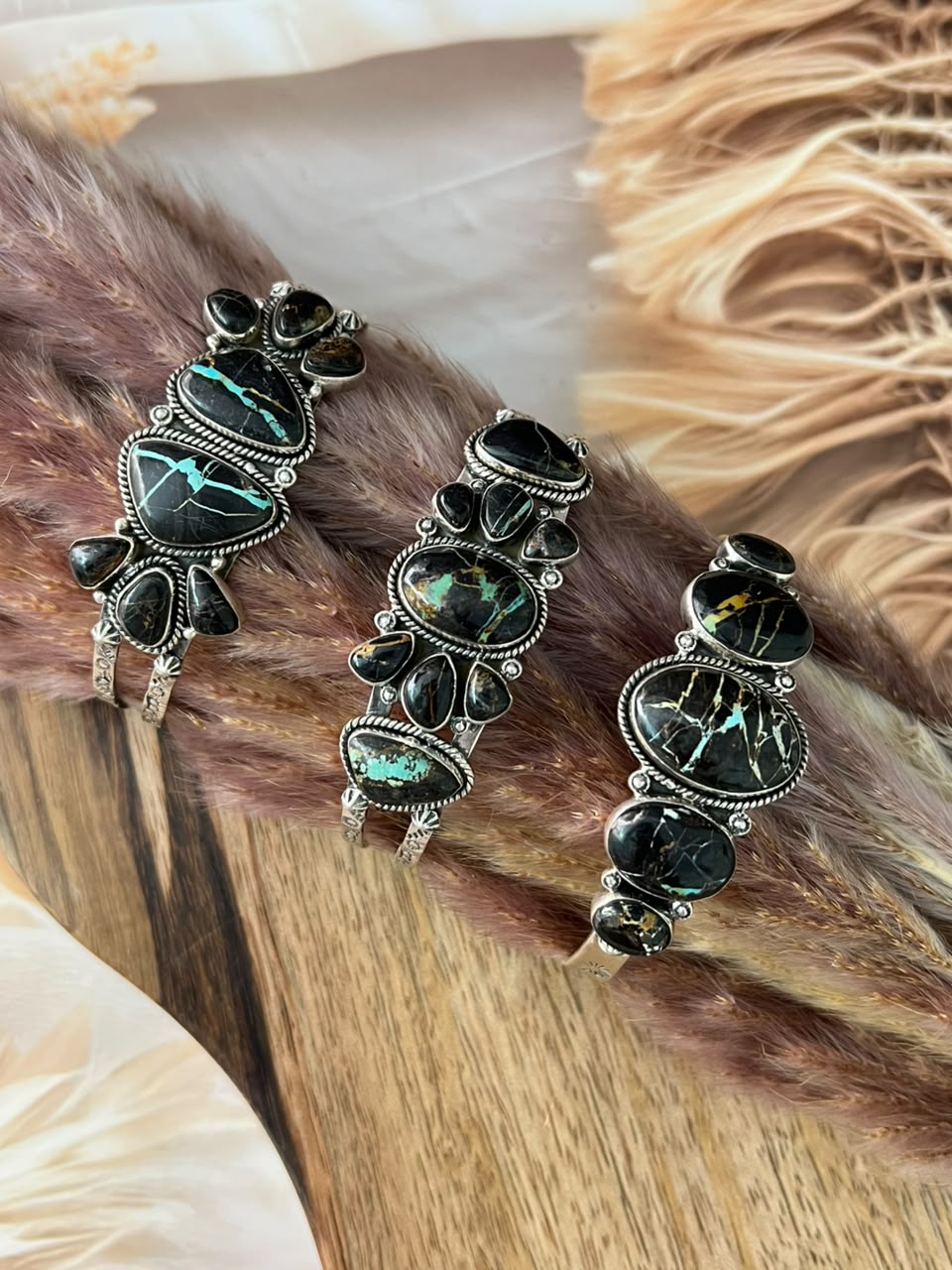 Handmade Sterling Silver Blackjack Turquoise Collection: Cuff Bracelet Signed Nizhoni