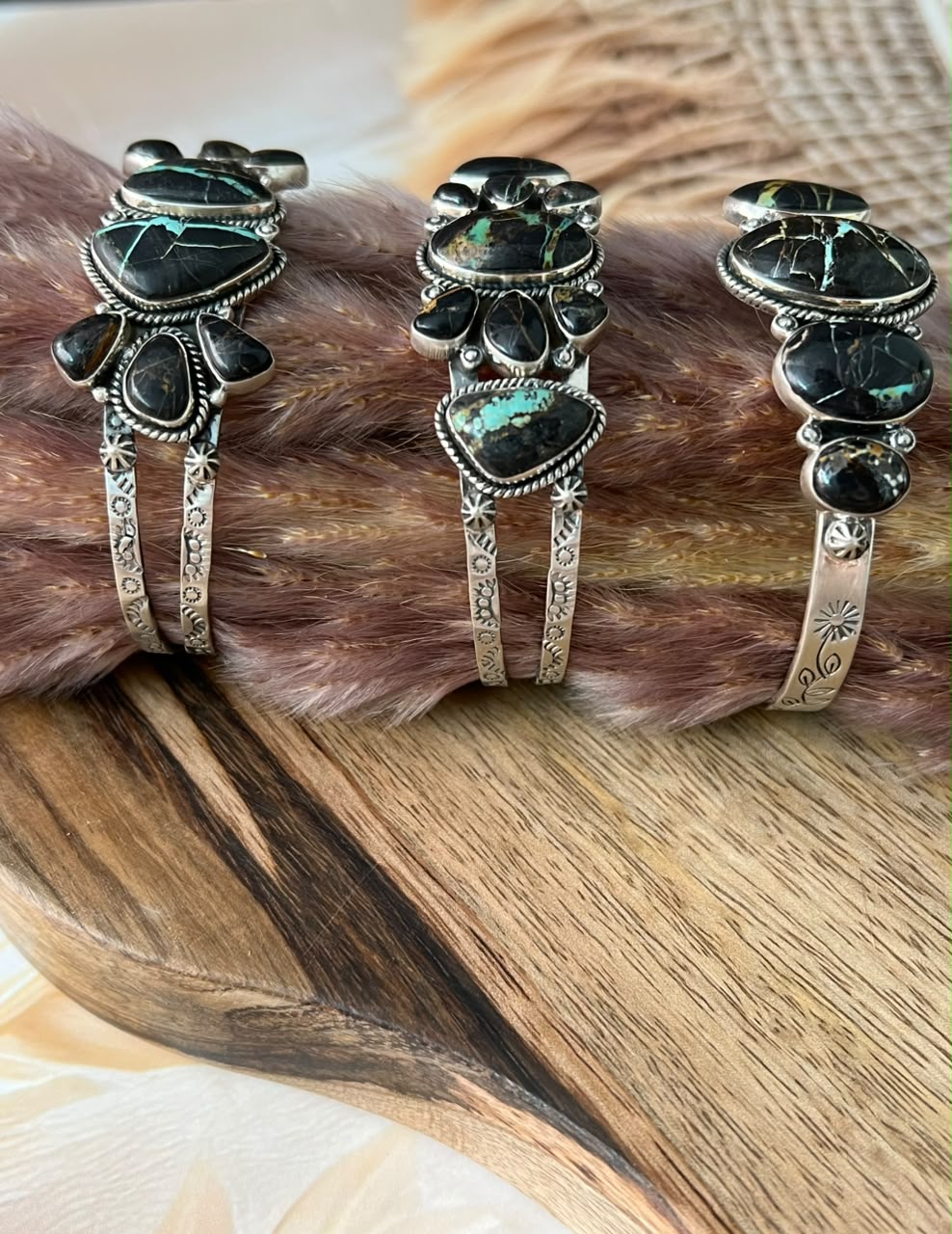 Handmade Sterling Silver Blackjack Turquoise Collection: Cuff Bracelet Signed Nizhoni