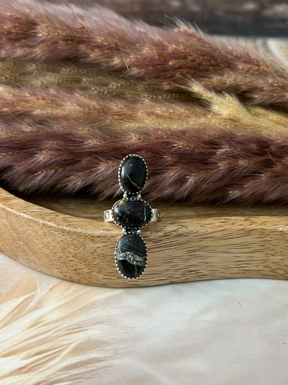 Handmade Sterling Silver Blackjack Turquoise Collection: Adjustable Ring Signed Nizhoni