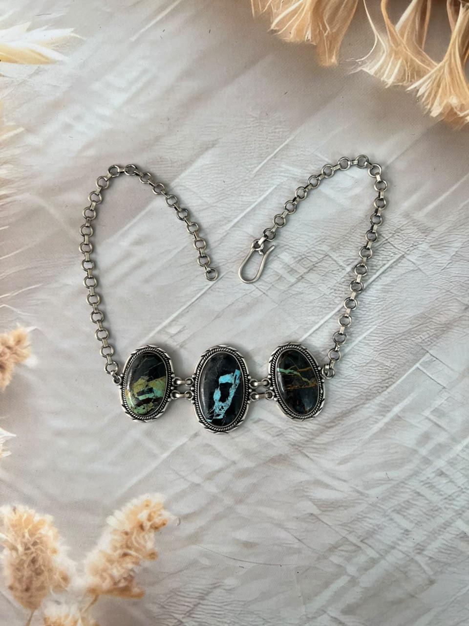 Handmade Sterling Silver Blackjack Turquoise Collection: Necklace Signed Nizhoni