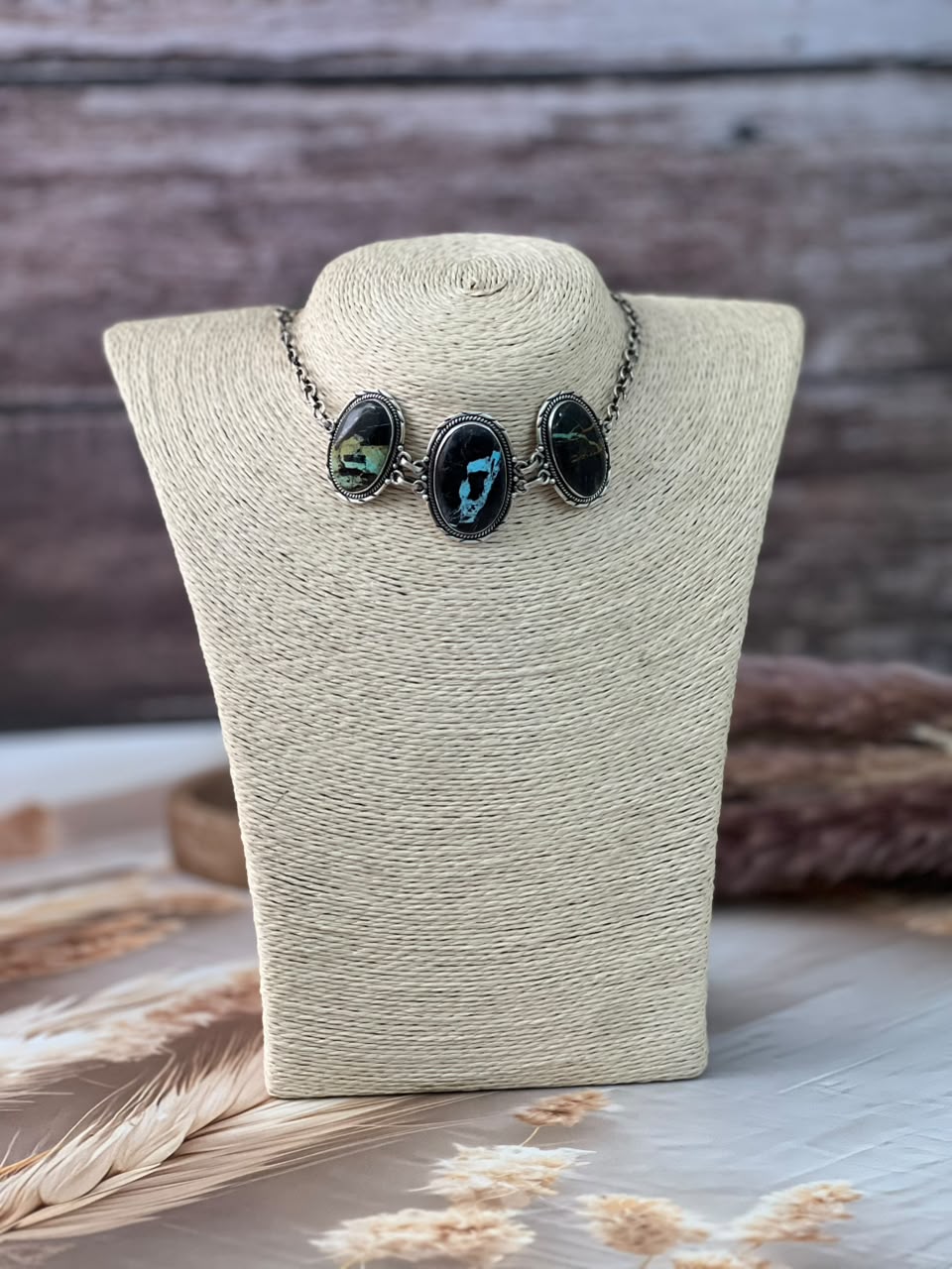 Handmade Sterling Silver Blackjack Turquoise Collection: Necklace Signed Nizhoni