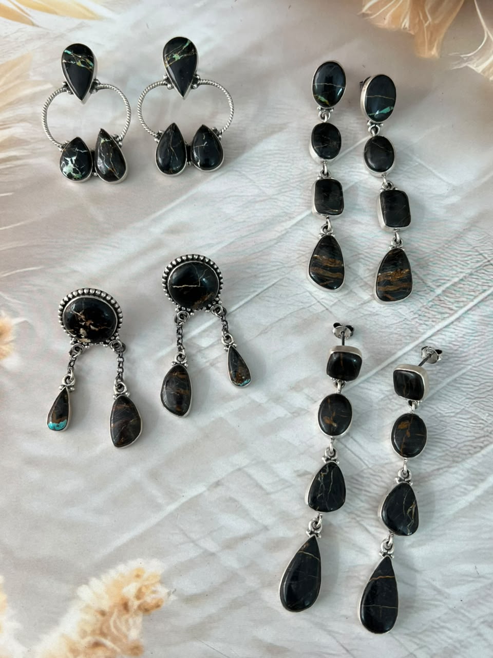 Handmade Sterling Silver Blackjack Turquoise Collection: Post Dangle Earrings Signed Nizhoni