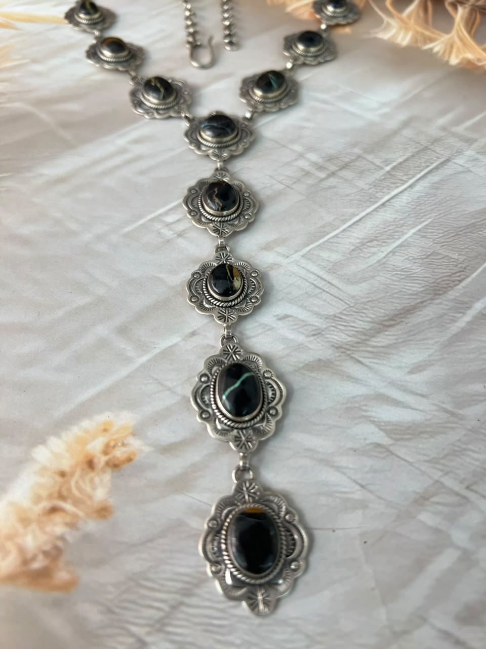 Handmade Sterling Silver Blackjack Turquoise Collection: 'Y Shaped' Necklace Signed Nizhoni