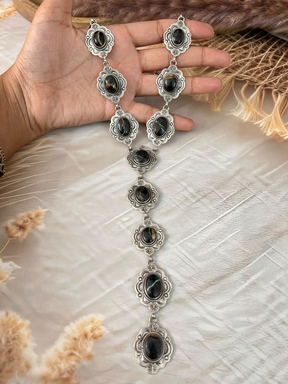 Handmade Sterling Silver Blackjack Turquoise Collection: 'Y Shaped' Necklace Signed Nizhoni