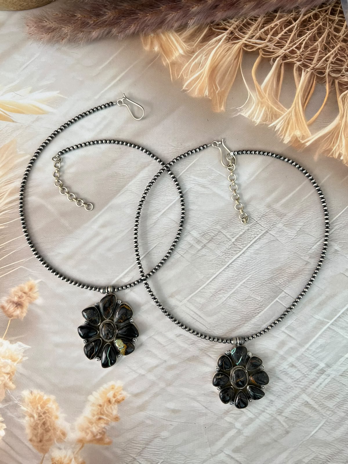 Handmade Sterling Silver Blackjack Turquoise Collection: Beaded Necklace Signed Nizhoni