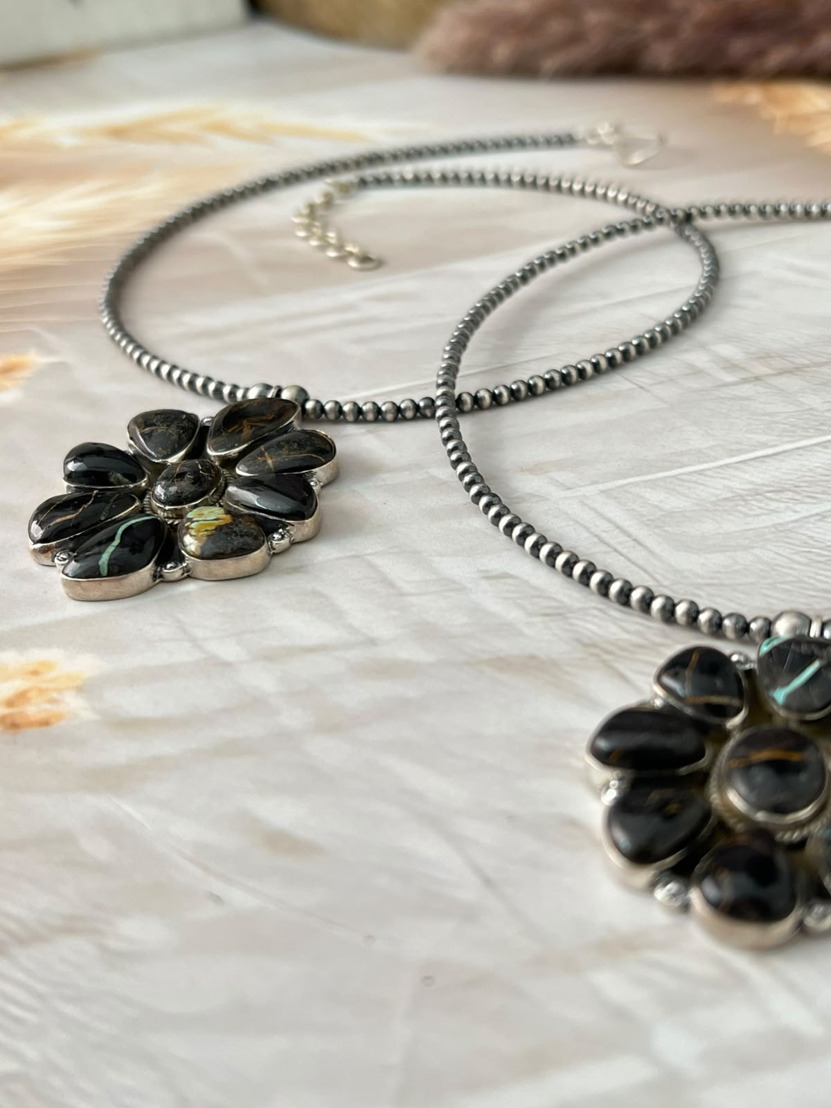 Handmade Sterling Silver Blackjack Turquoise Collection: Beaded Necklace Signed Nizhoni