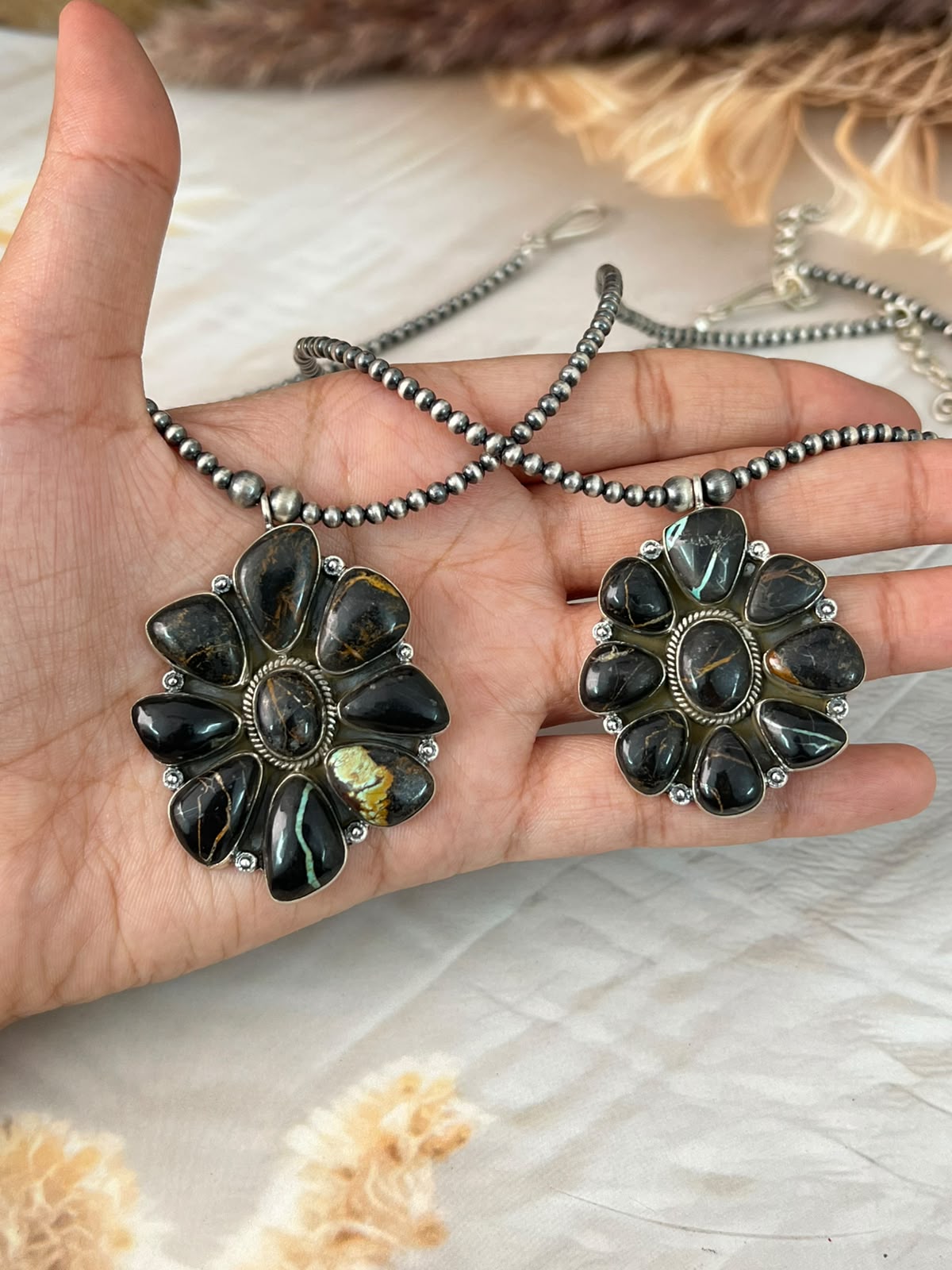 Handmade Sterling Silver Blackjack Turquoise Collection: Beaded Necklace Signed Nizhoni