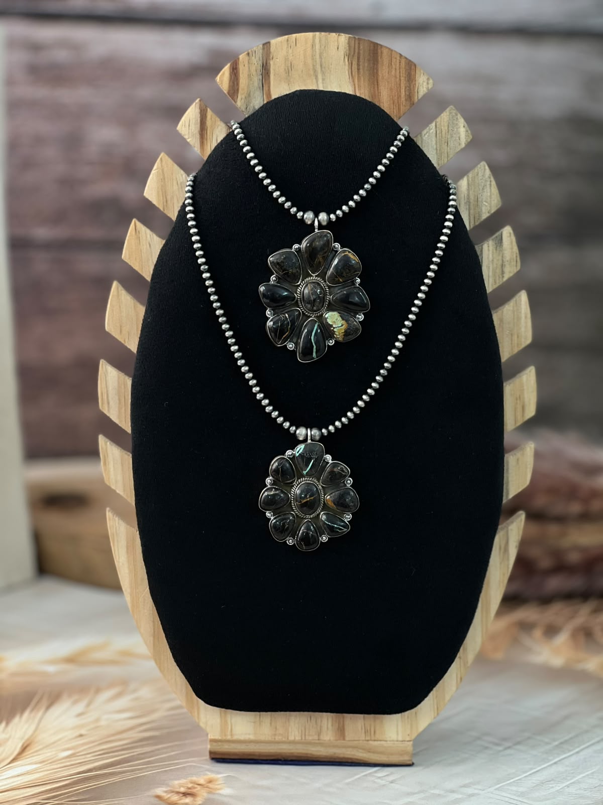 Handmade Sterling Silver Blackjack Turquoise Collection: Beaded Necklace Signed Nizhoni