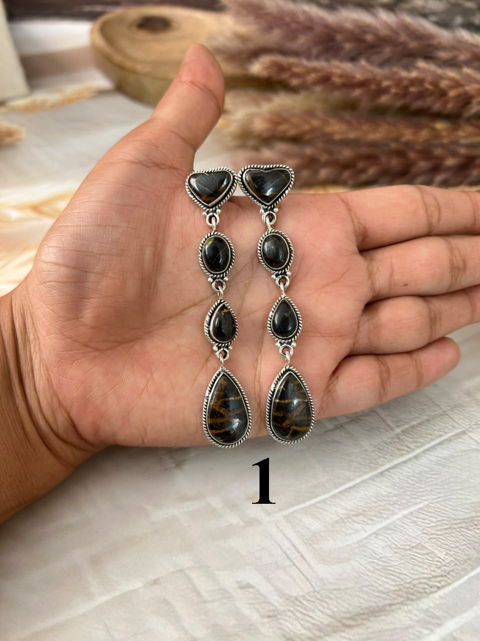 Handmade Sterling Silver Blackjack Turquoise Collection: Post Dangle Earrings Signed Nizhoni