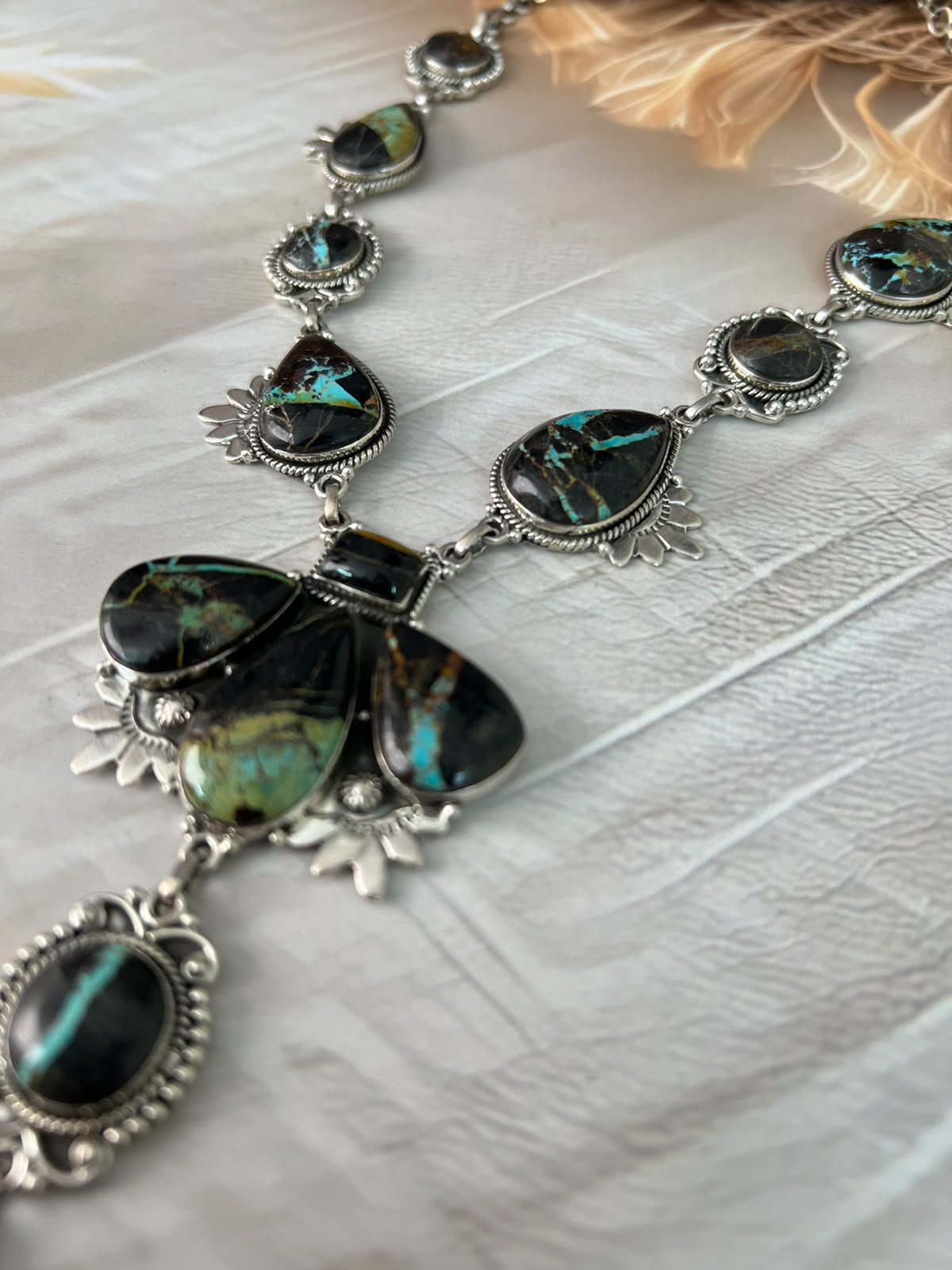 Handmade Sterling Silver Blackjack Turquoise Collection: Drop Necklace Signed Nizhoni