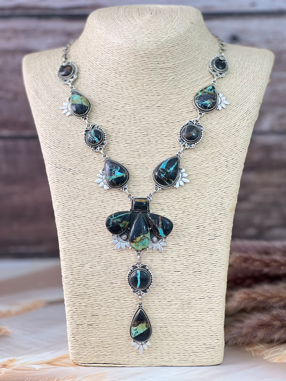 Handmade Sterling Silver Blackjack Turquoise Collection: Drop Necklace Signed Nizhoni