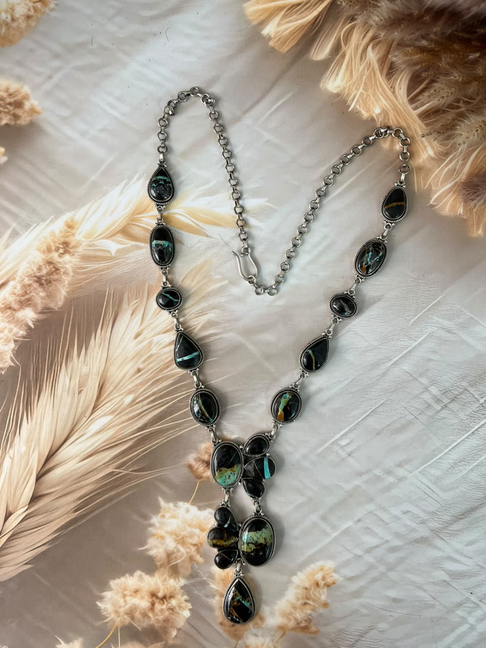 Handmade Sterling Silver Blackjack Turquoise Collection: Necklace Signed Nizhoni