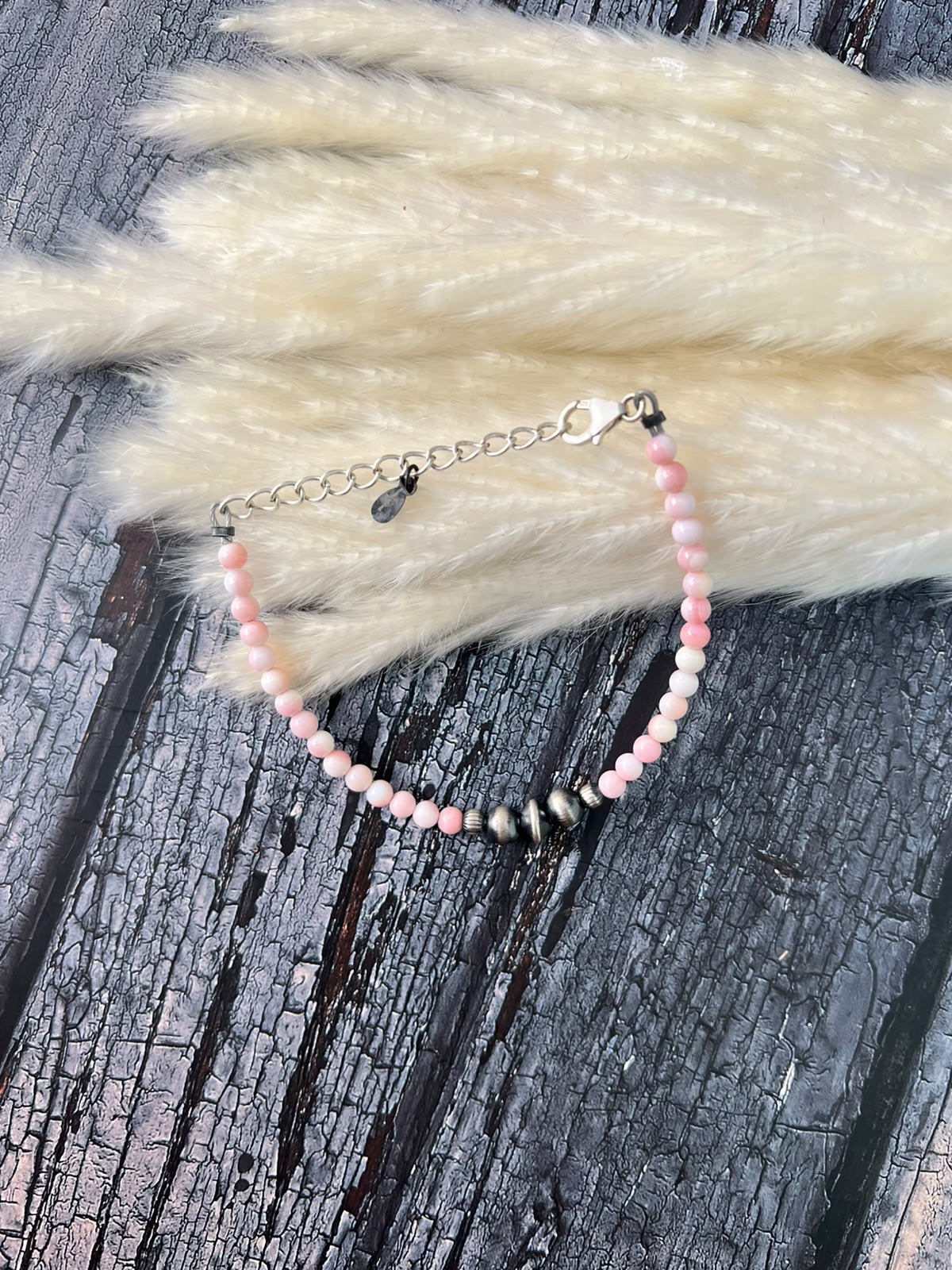 Handmade Sterling Silver Queen Pink Conch Collection: Beaded Chain Bracelet Signed Nizhoni (9)