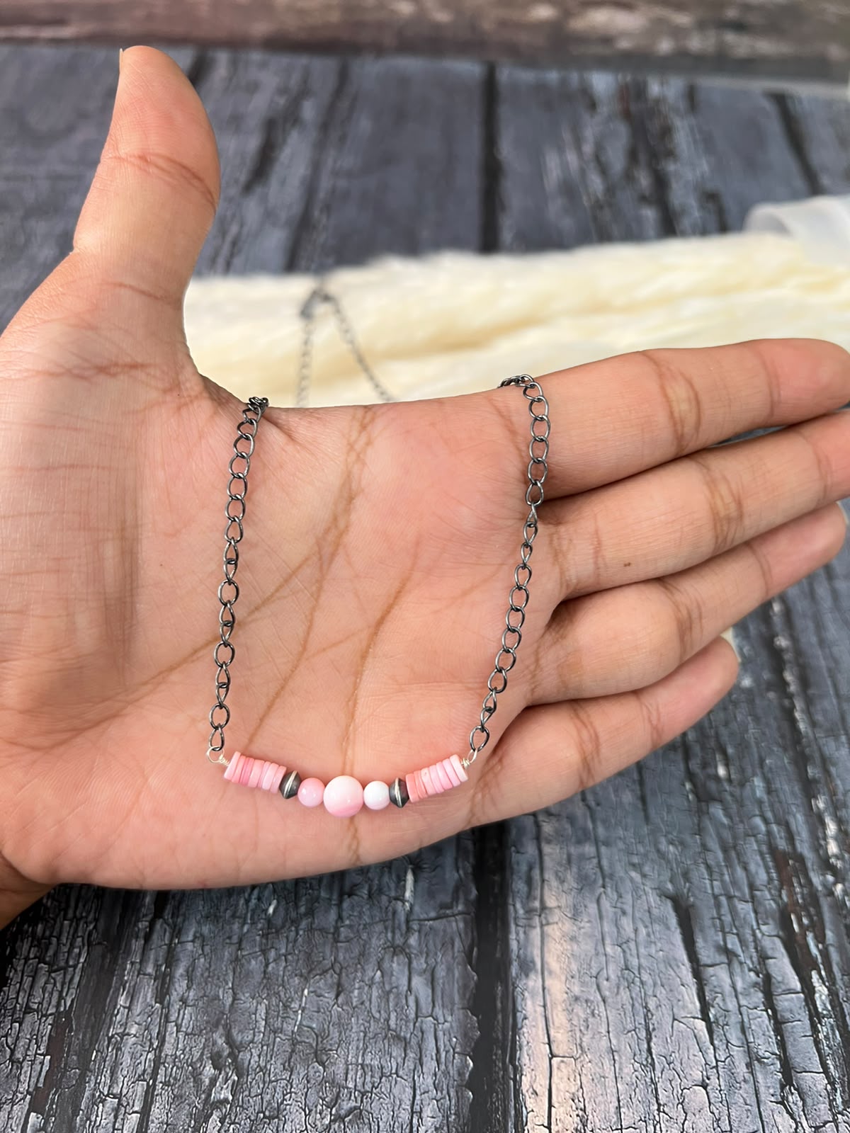 Handmade Sterling Silver Queen Pink Conch Collection: Beaded Necklace Signed Nizhoni