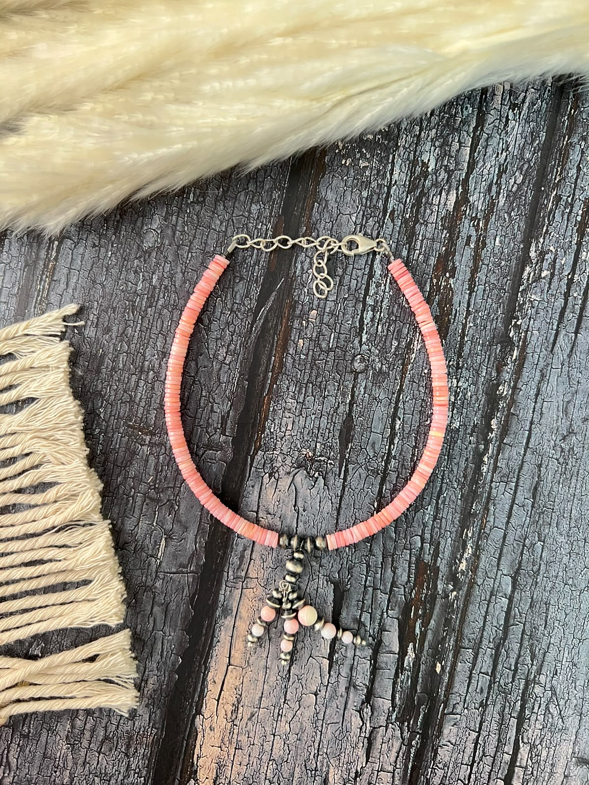 Handmade Sterling Silver Queen Pink Conch Collection: Beaded Anklet "Signed Nizhoni"