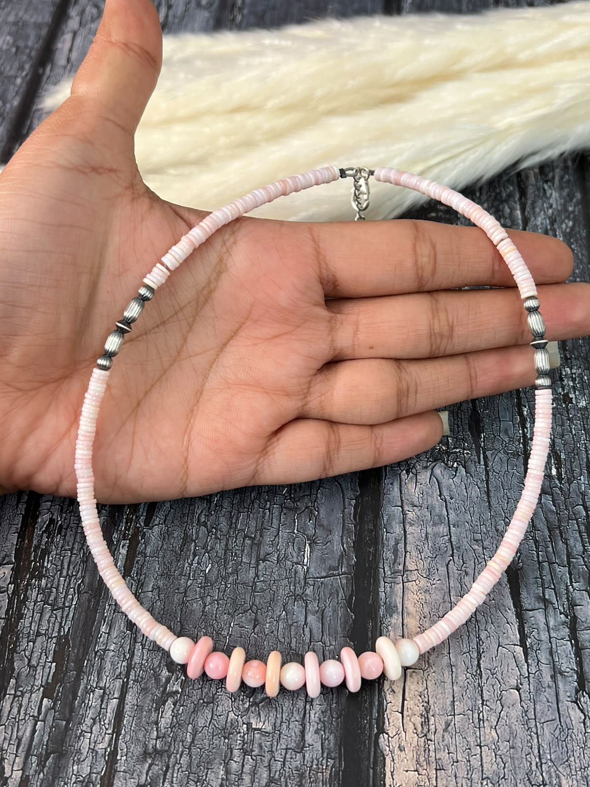 Handmade Sterling Silver Queen Pink Conch Collection: Beaded Necklace Signed Nizhoni