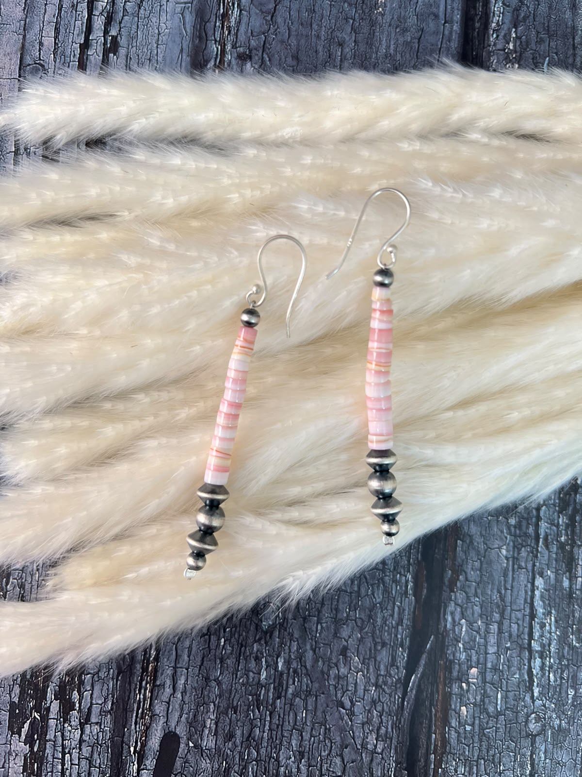 Handmade Sterling Silver Queen Pink Conch Collection: Beaded Hook Dangle Earrings (5)
