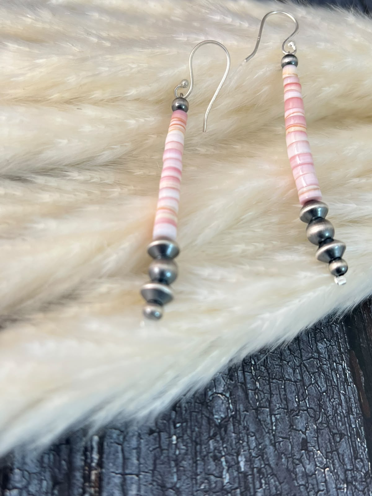 Handmade Sterling Silver Queen Pink Conch Collection: Beaded Hook Dangle Earrings (5)