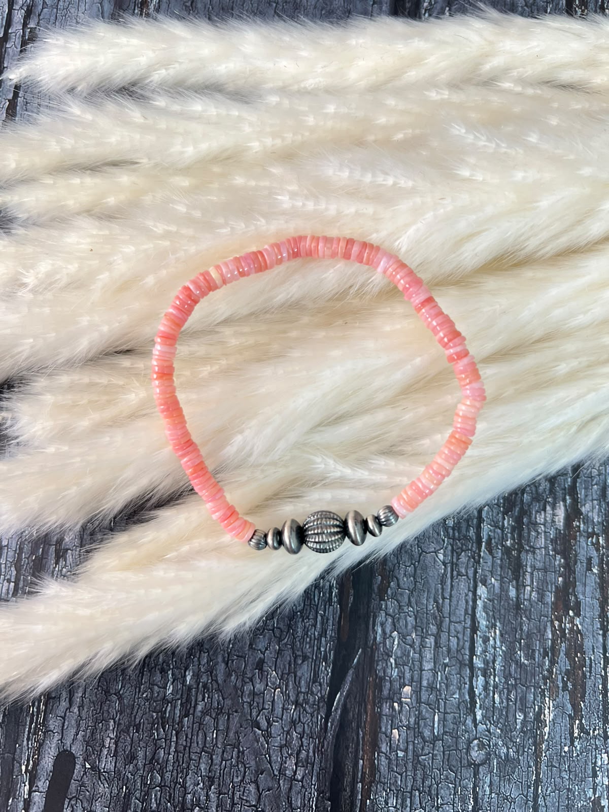 Handmade Sterling Silver Queen Pink Conch Collection: Stretchy Beaded Bracelet (7)