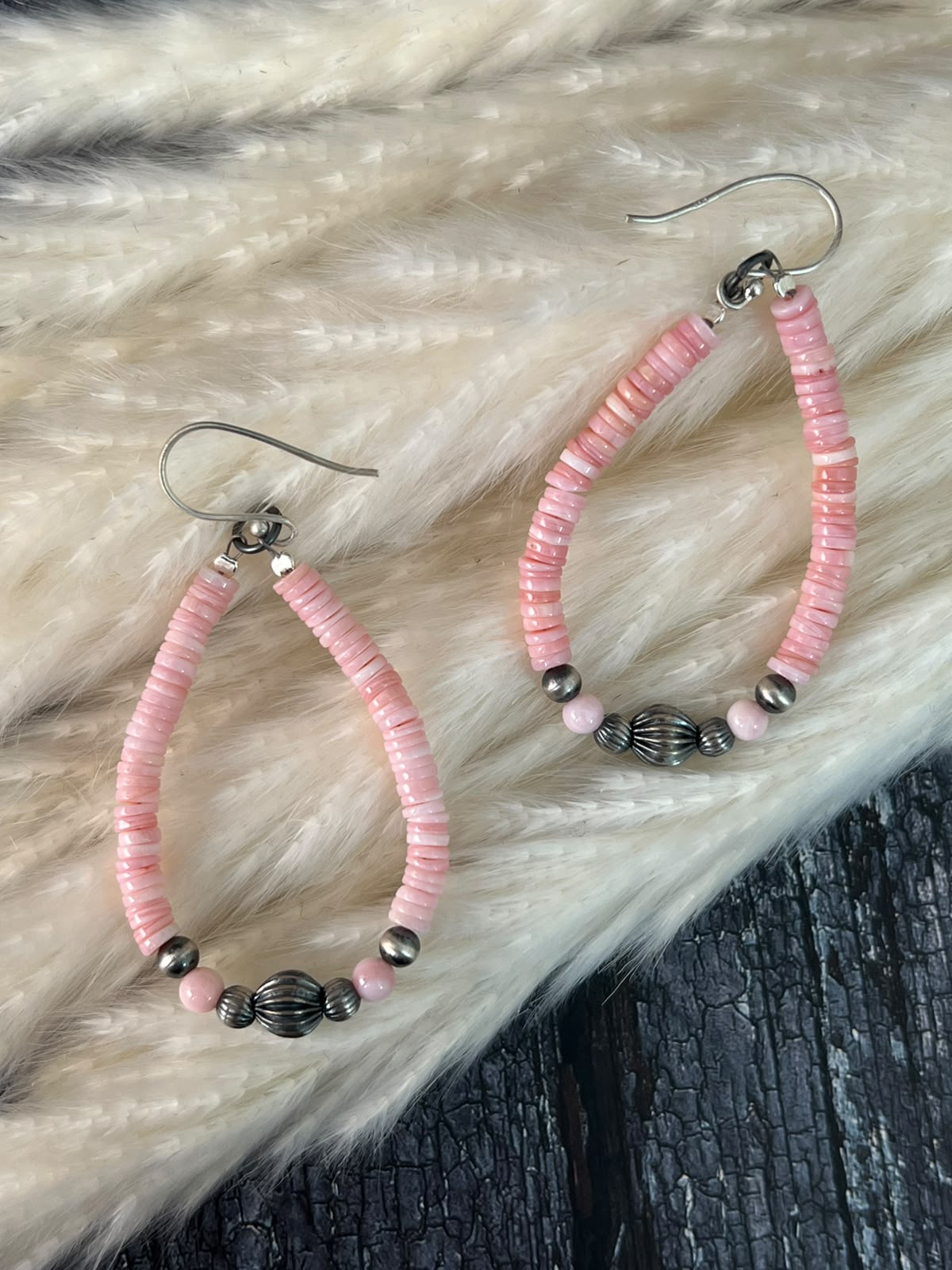Handmade Sterling Silver Queen Pink Conch Collection: Beaded Hook Dangle Earrings