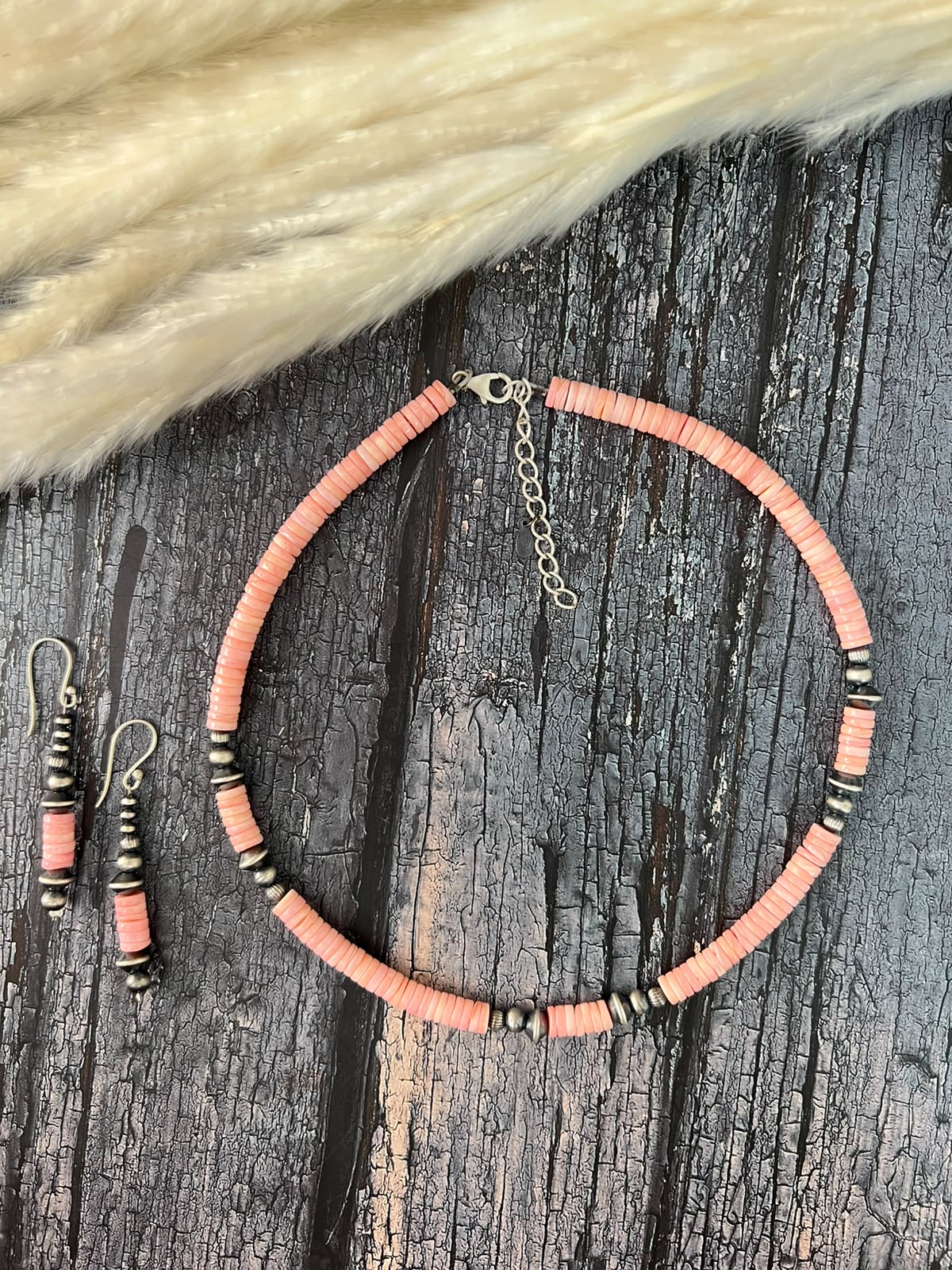 Handmade Sterling Silver Queen Pink Conch Collection: Beaded Necklace and Earrings Set Signed Nizhoni (1)