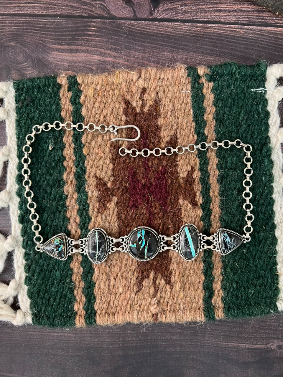 Handmade Sterling Silver Blackjack Turquoise Collection: Choker Necklace Signed Nizhoni