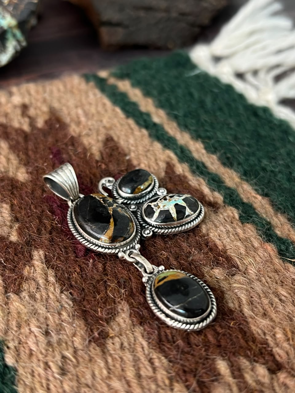 Handmade Sterling Silver Blackjack Turquoise Collection: Pendant Signed Nizhoni