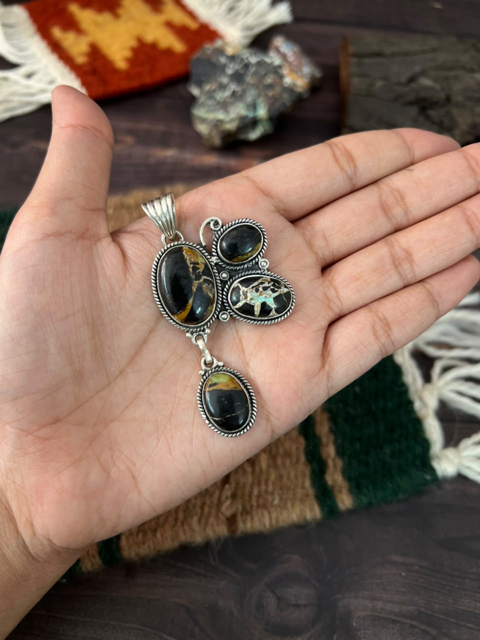 Handmade Sterling Silver Blackjack Turquoise Collection: Pendant Signed Nizhoni