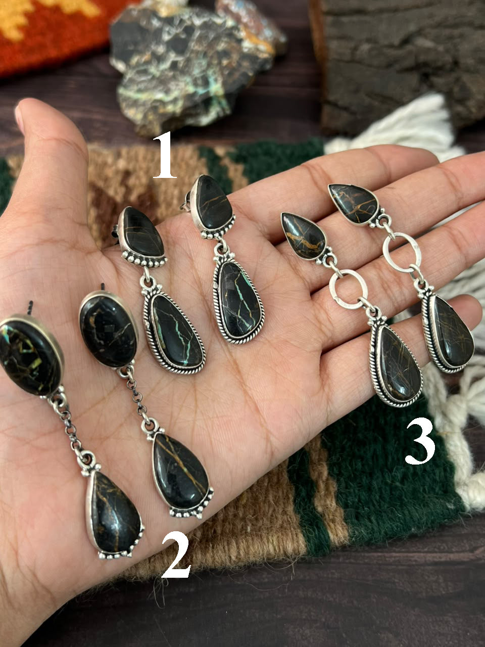 Handmade Sterling Silver Blackjack Turquoise Collection: Post Dangle Earrings Signed Nizhoni