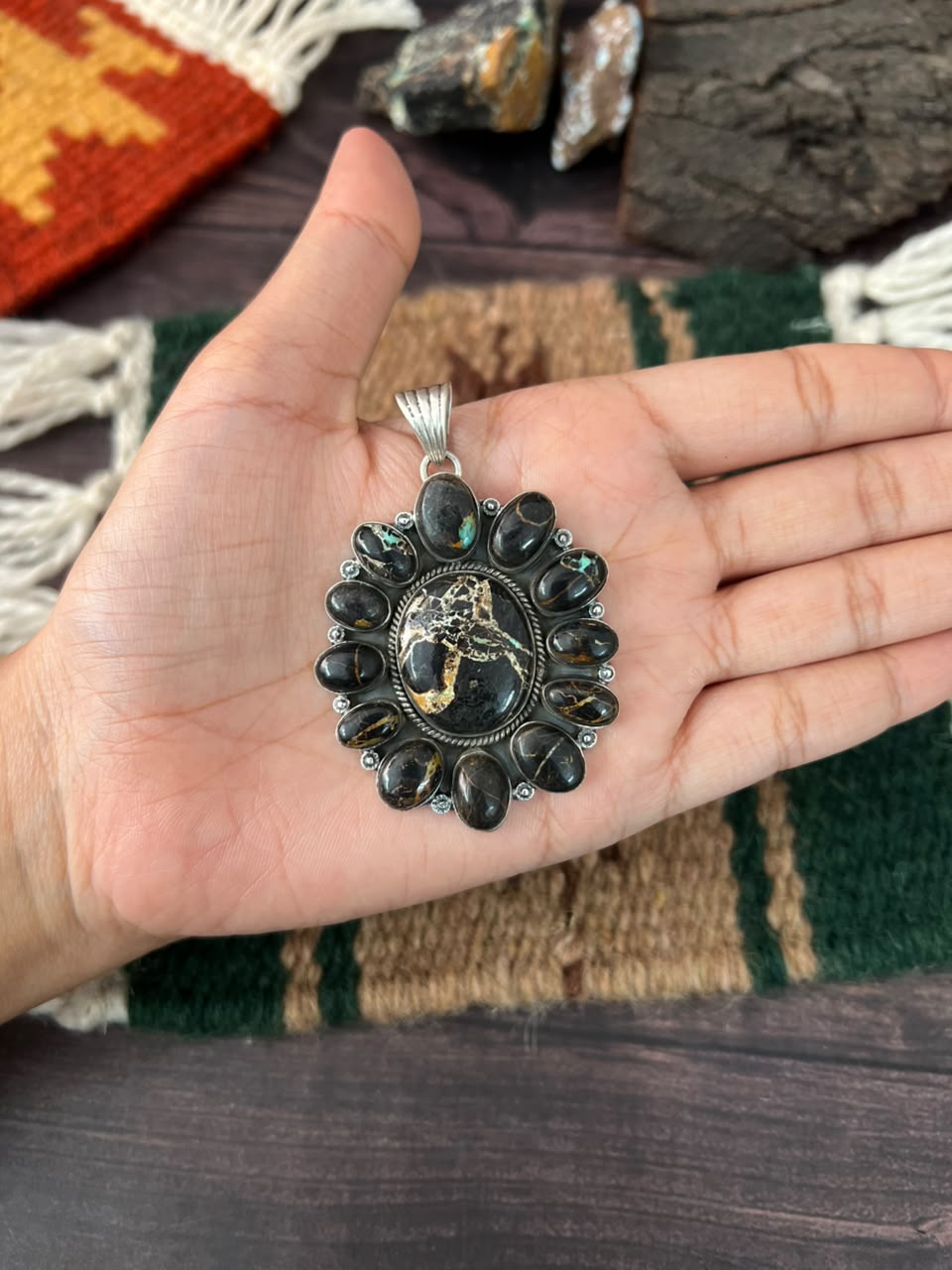Handmade Sterling Silver Blackjack Turquoise Collection: Pendant Signed Nizhoni