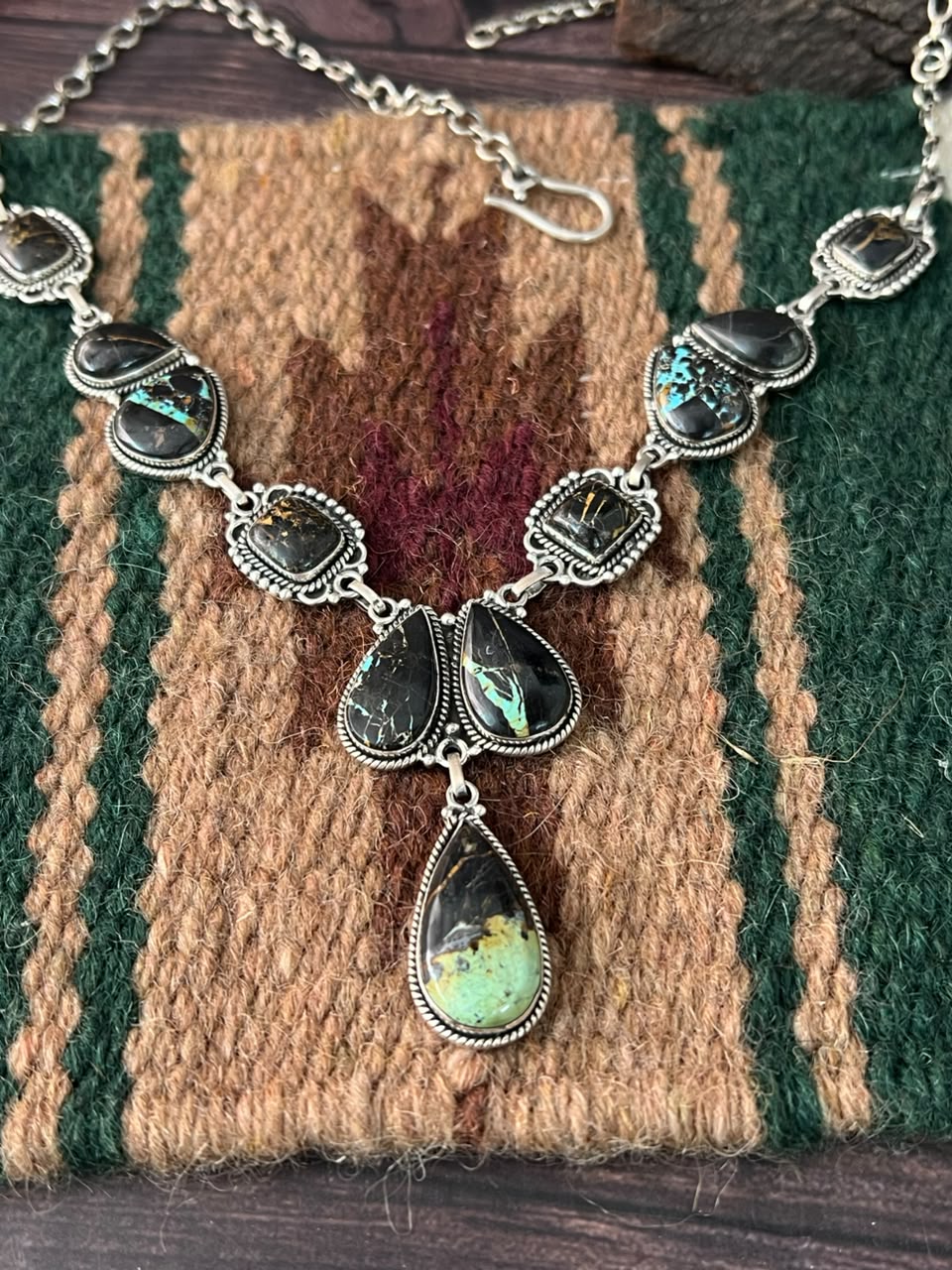 Handmade Sterling Silver Blackjack Turquoise Collection: Necklace Signed Nizhoni