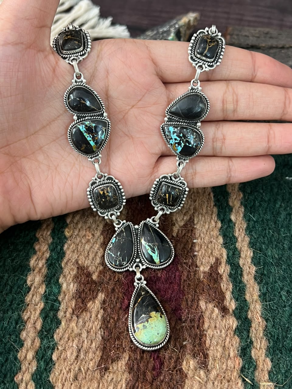 Handmade Sterling Silver Blackjack Turquoise Collection: Necklace Signed Nizhoni