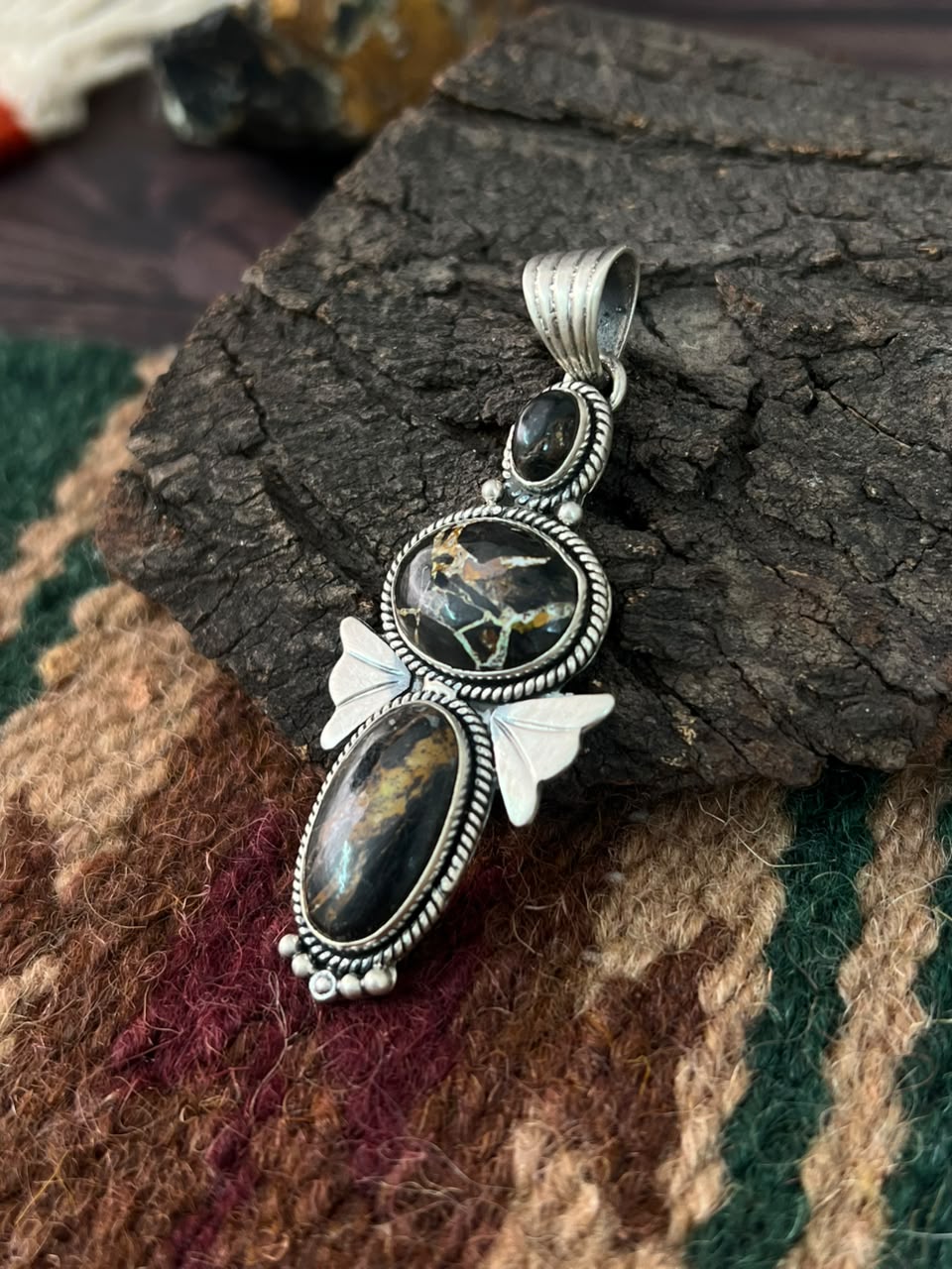 Handmade Sterling Silver Blackjack Turquoise Collection: Pendant Signed Nizhoni