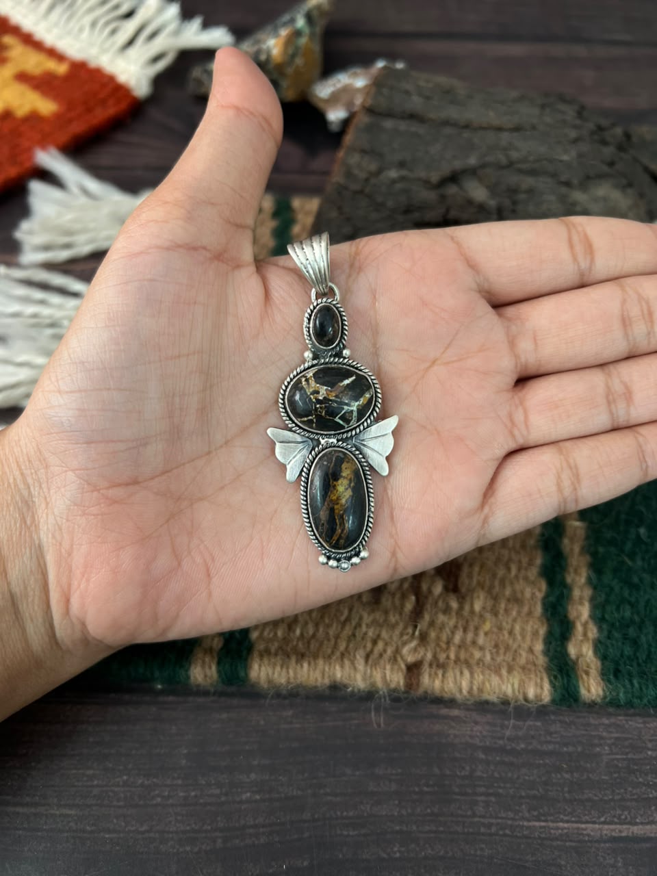 Handmade Sterling Silver Blackjack Turquoise Collection: Pendant Signed Nizhoni