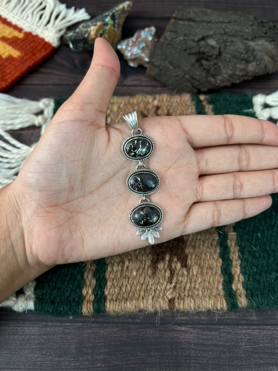 Handmade Sterling Silver Blackjack Turquoise Collection: Pendant Signed Nizhoni