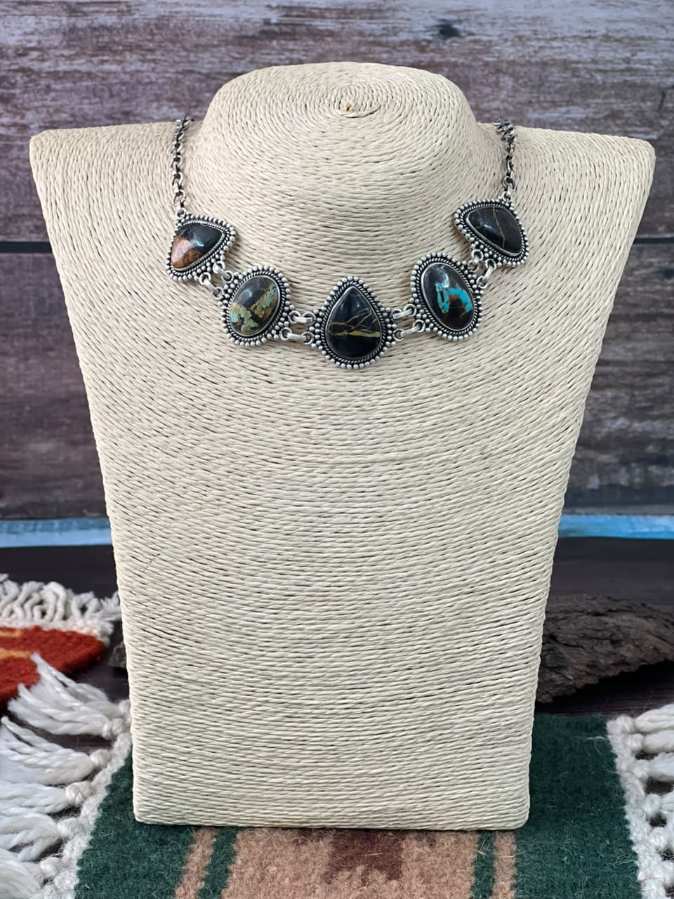 Handmade Sterling Silver Blackjack Turquoise Collection: Choker Necklace Signed Nizhoni