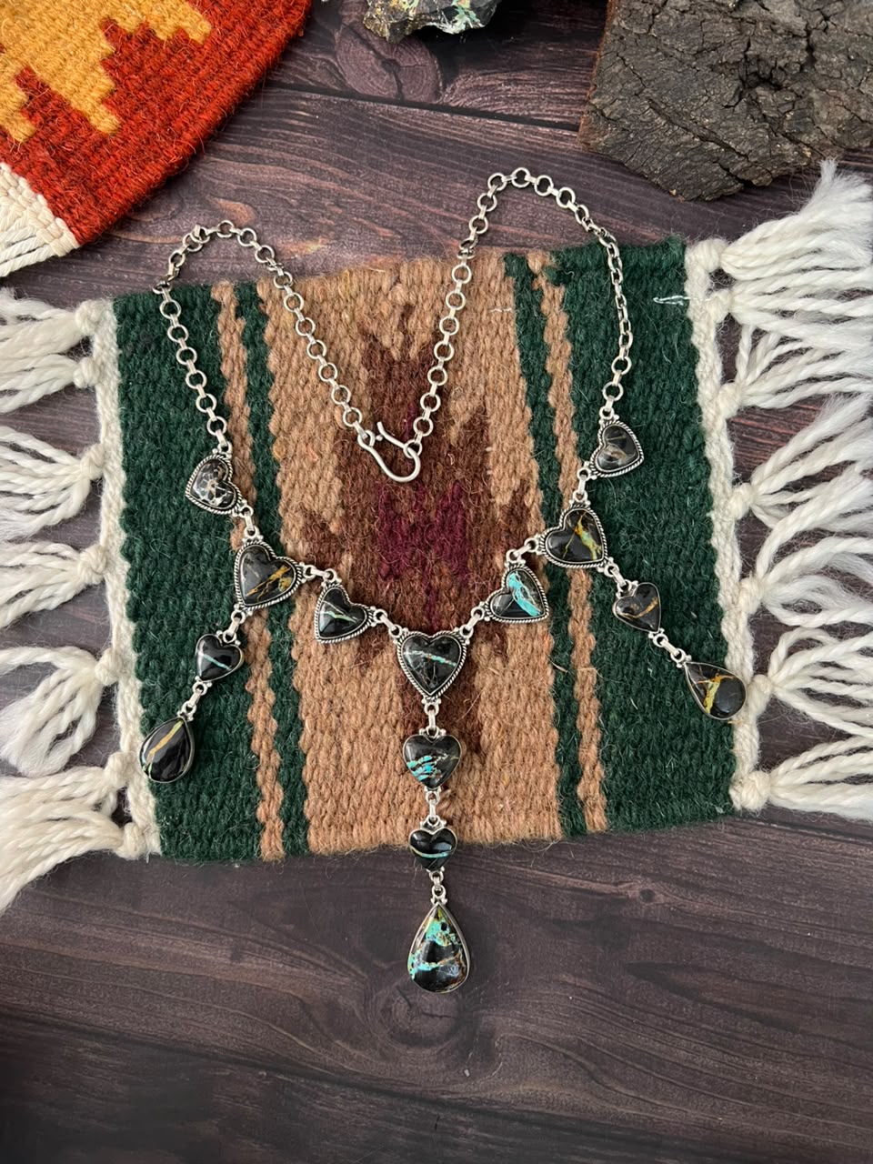 Handmade Sterling Silver Blackjack Turquoise Collection: Necklace Signed Nizhoni