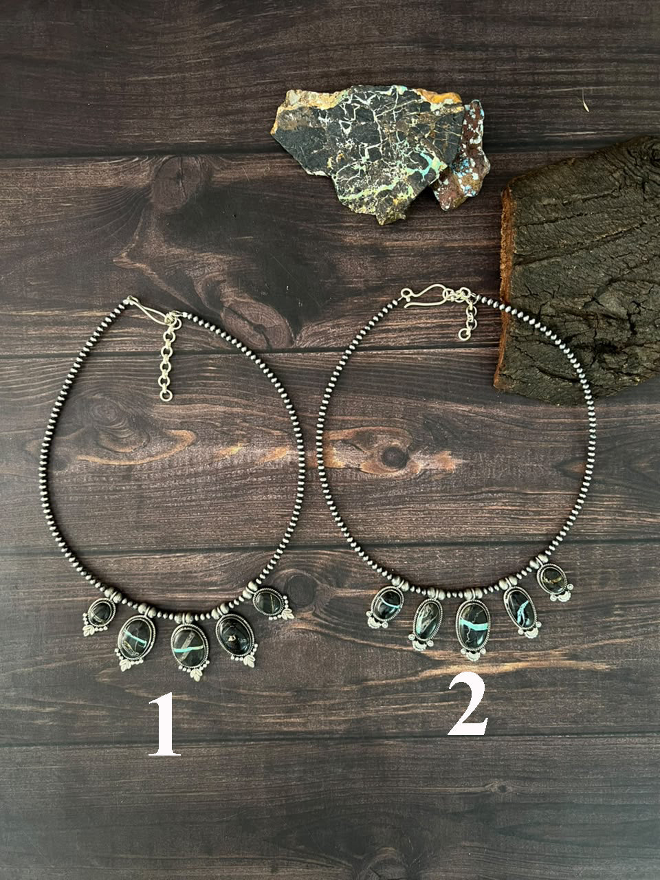 Handmade Sterling Silver Blackjack Turquoise Collection: Beaded Necklace Signed Nizhoni