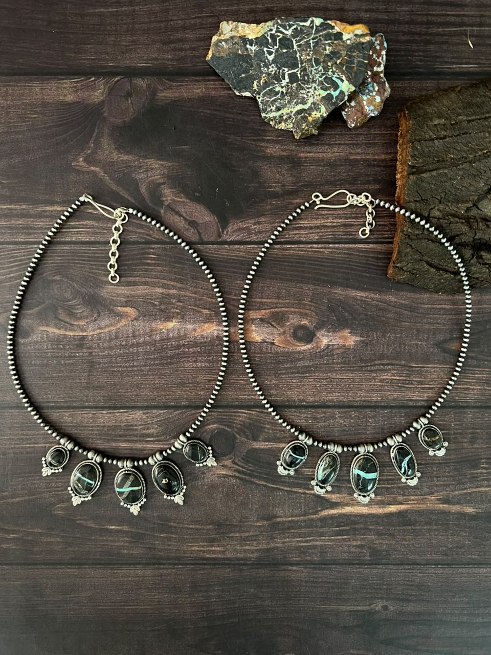 Handmade Sterling Silver Blackjack Turquoise Collection: Beaded Necklace Signed Nizhoni