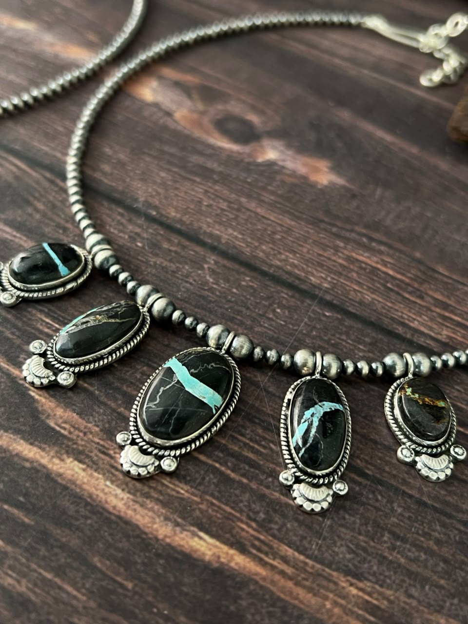 Handmade Sterling Silver Blackjack Turquoise Collection: Beaded Necklace Signed Nizhoni