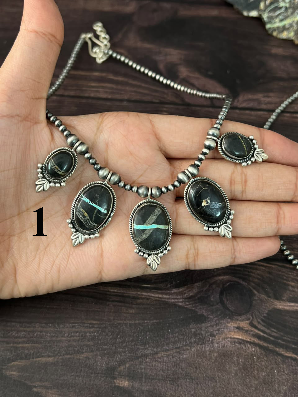 Handmade Sterling Silver Blackjack Turquoise Collection: Beaded Necklace Signed Nizhoni
