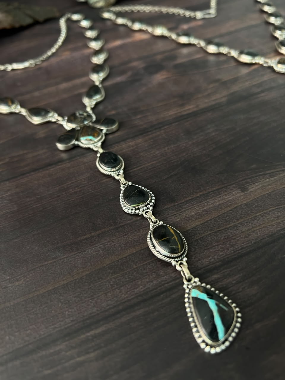 Handmade Sterling Silver Blackjack Turquoise Collection: 'Y Shaped' Necklace Signed Nizhoni