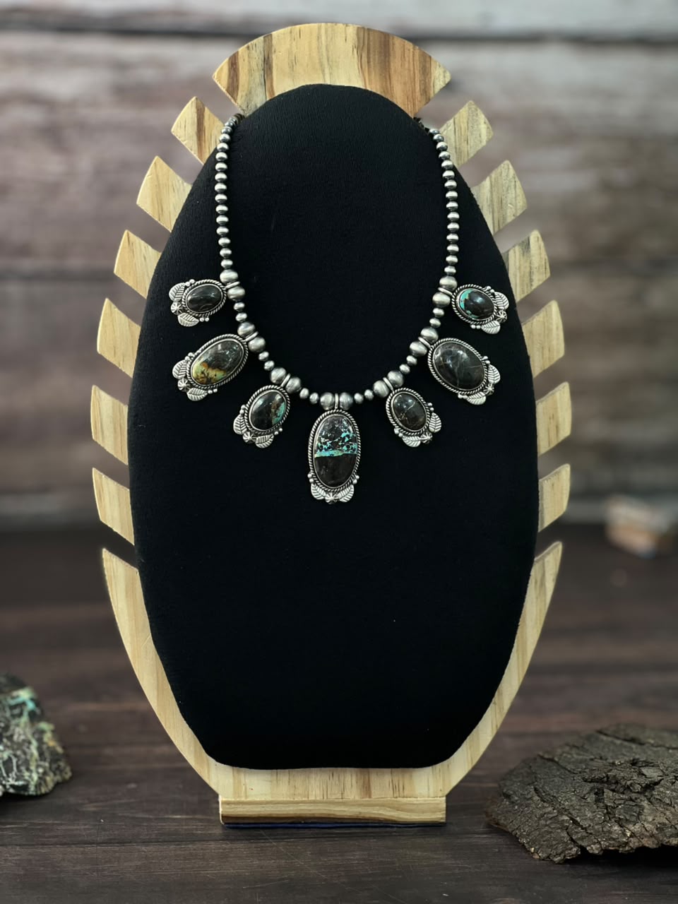 Handmade Sterling Silver Blackjack Turquoise Collection: Beaded Necklace Signed Nizhoni