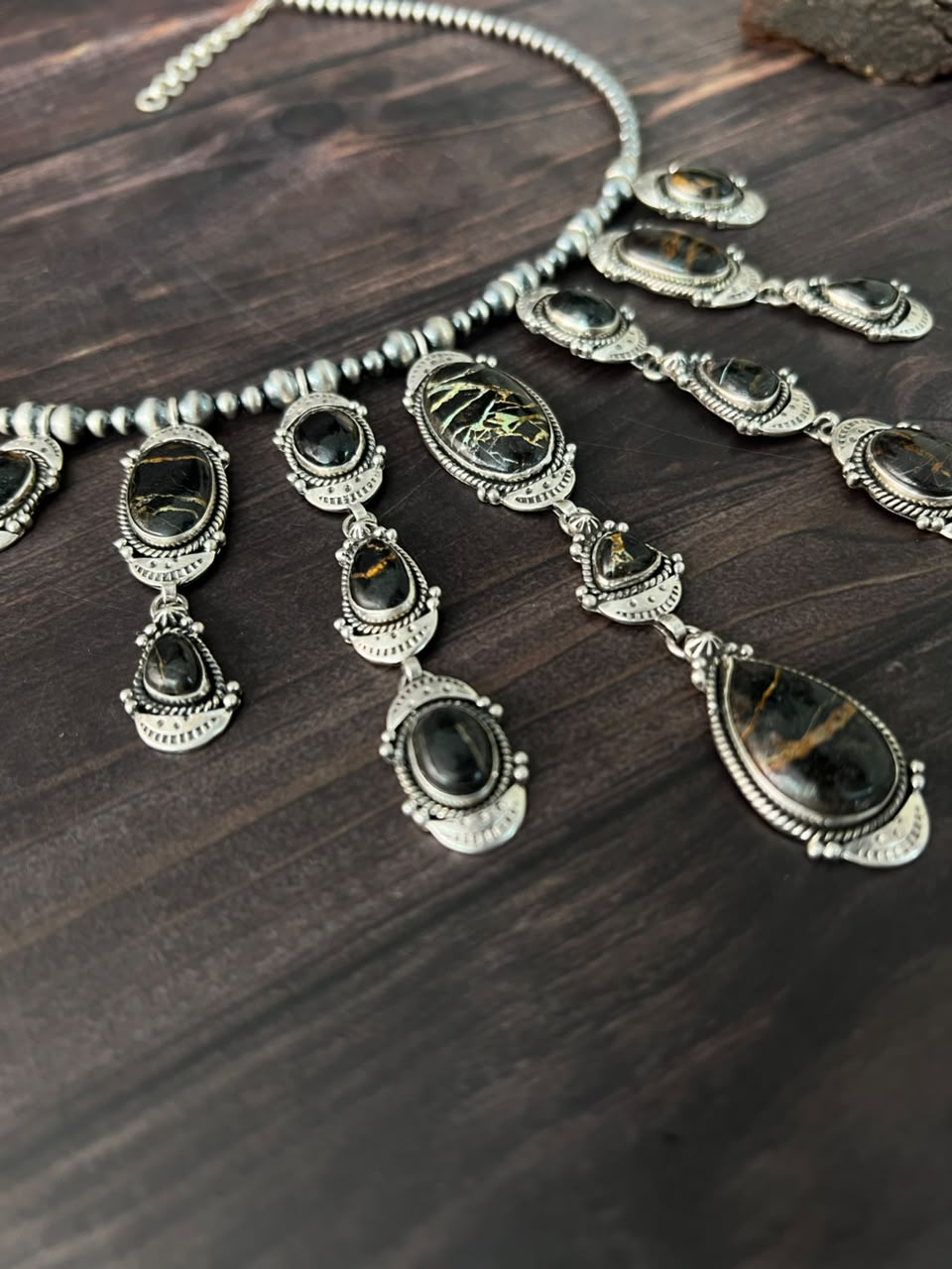 Handmade Sterling Silver Blackjack Turquoise Collection: Beaded Necklace Signed Nizhoni