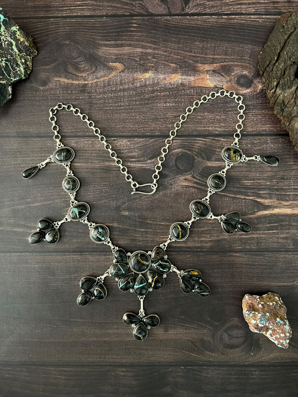 Handmade Sterling Silver Blackjack Turquoise Collection: Necklace Signed Nizhoni