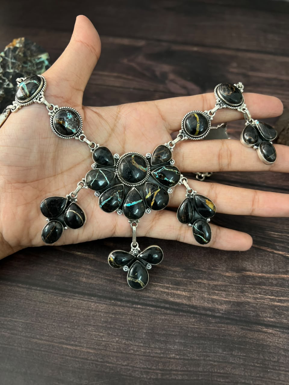 Handmade Sterling Silver Blackjack Turquoise Collection: Necklace Signed Nizhoni