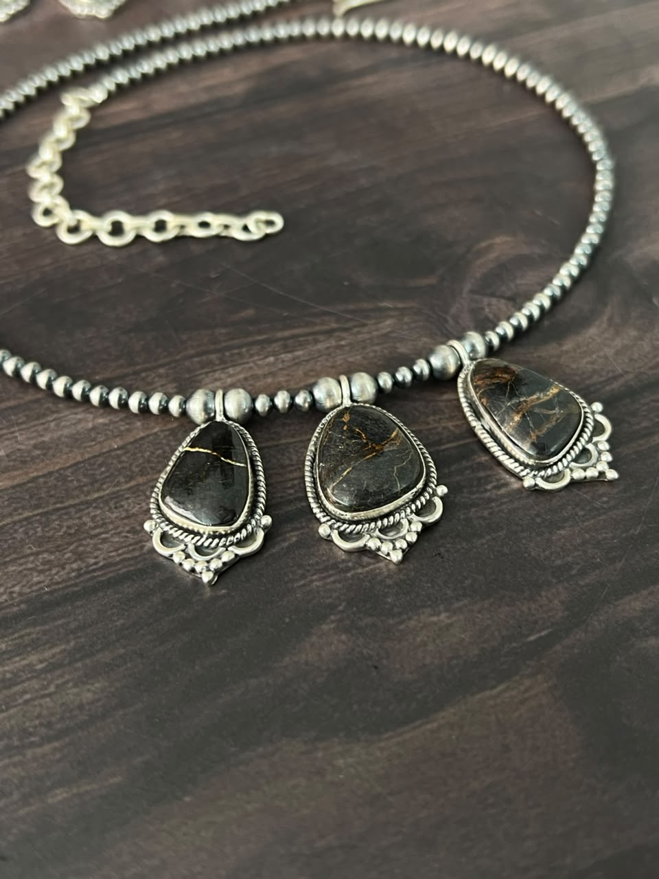 Handmade Sterling Silver Blackjack Turquoise Collection: Beaded Necklace Signed Nizhoni