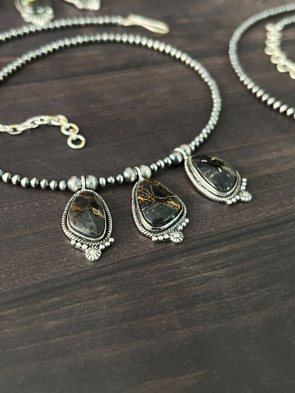 Handmade Sterling Silver Blackjack Turquoise Collection: Beaded Necklace Signed Nizhoni