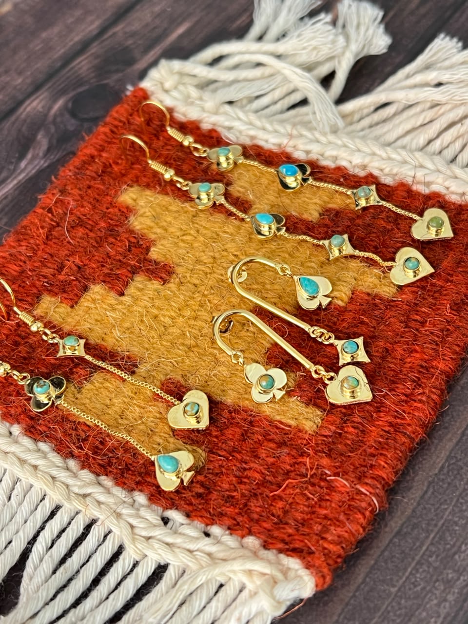 “The Golden Collection” Handmade Kingman Turquoise Playing Card Hook/Post Dangle Earrings Signed Nizhoni