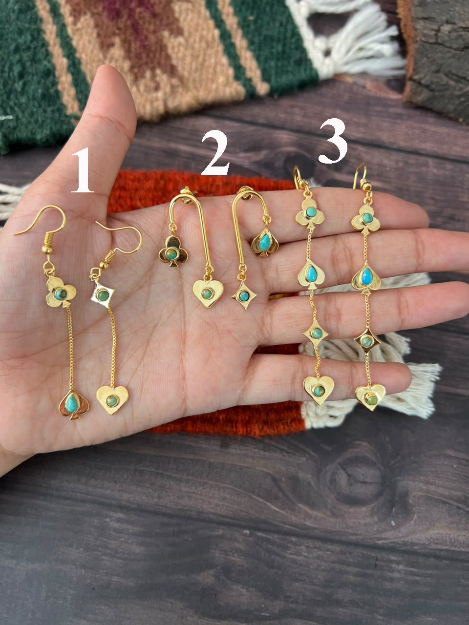 “The Golden Collection” Handmade Kingman Turquoise Playing Card Hook/Post Dangle Earrings Signed Nizhoni